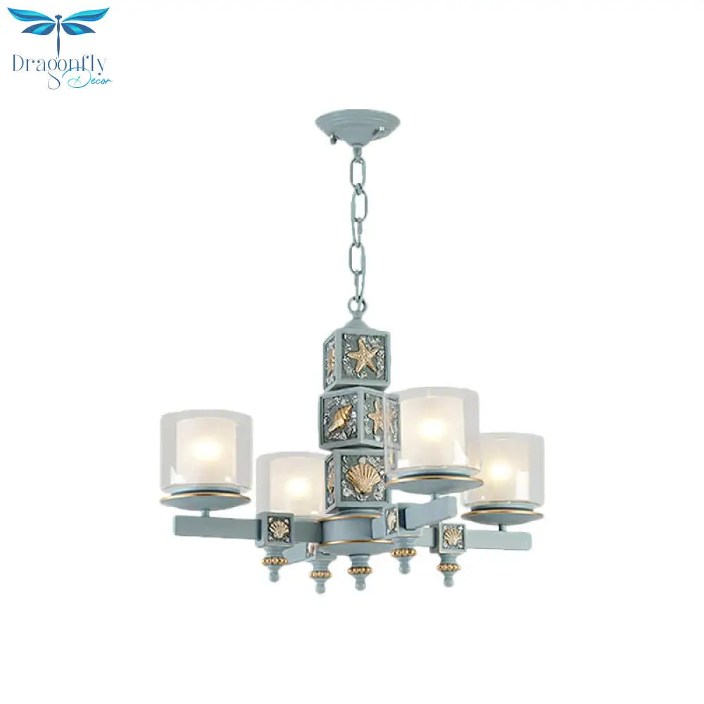 Coastal 4 - Light Hanging Chandelier Sky/Light Blue Dual Column Suspension Pendant With Clear And