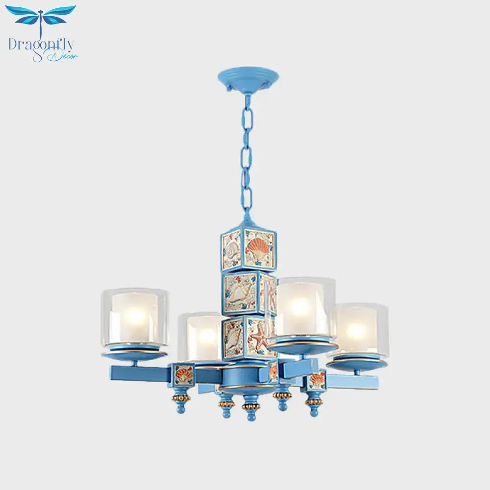 Coastal 4 - Light Hanging Chandelier Sky/Light Blue Dual Column Suspension Pendant With Clear And