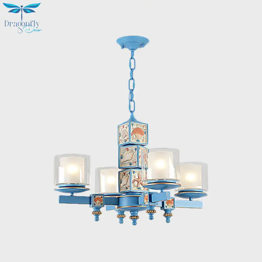 Coastal 4 - Light Hanging Chandelier Sky/Light Blue Dual Column Suspension Pendant With Clear And
