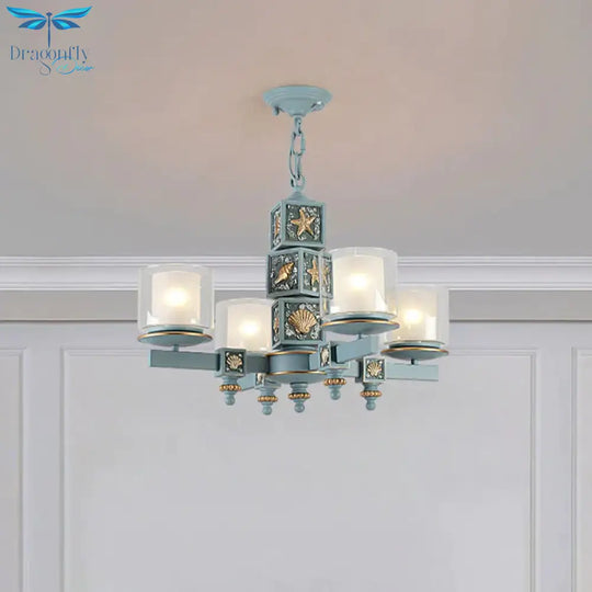 Coastal 4 - Light Hanging Chandelier Sky/Light Blue Dual Column Suspension Pendant With Clear And