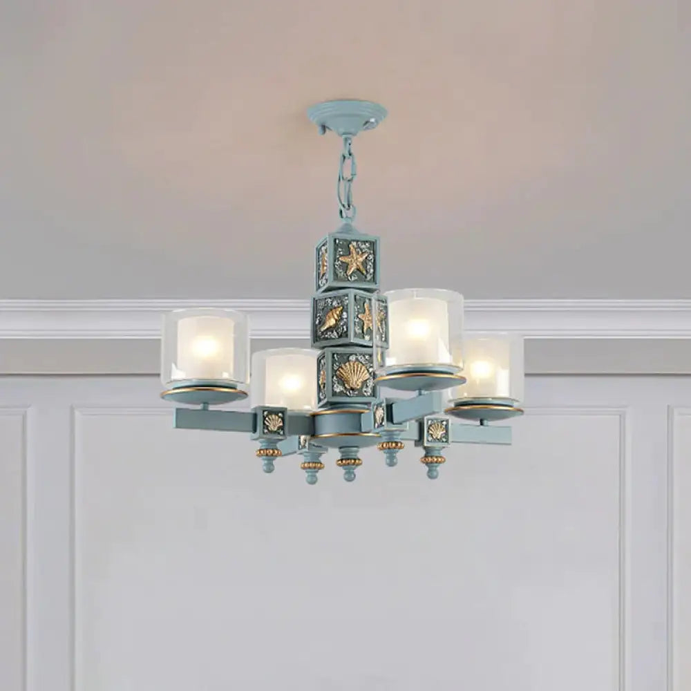 Coastal 4 - Light Hanging Chandelier Sky/Light Blue Dual Column Suspension Pendant With Clear And