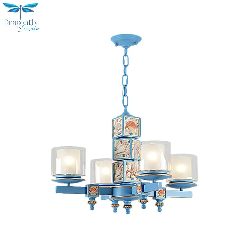 Coastal 4 - Light Hanging Chandelier Sky/Light Blue Dual Column Suspension Pendant With Clear And