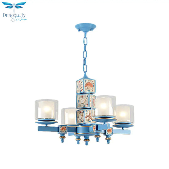 Coastal 4 - Light Hanging Chandelier Sky/Light Blue Dual Column Suspension Pendant With Clear And