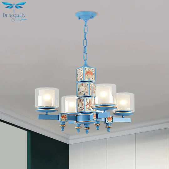 Coastal 4 - Light Hanging Chandelier Sky/Light Blue Dual Column Suspension Pendant With Clear And