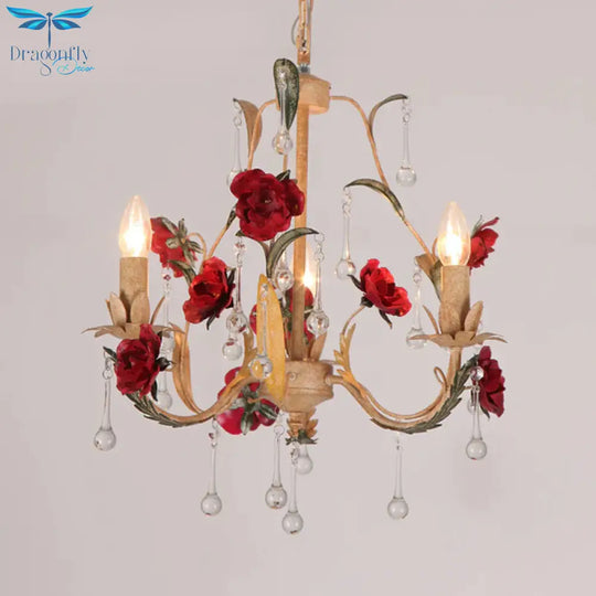 Coffee 3/6 Bulbs Suspension Lamp Pastoral Iron Rose - Embellished Candle Style Chandelier Over Table