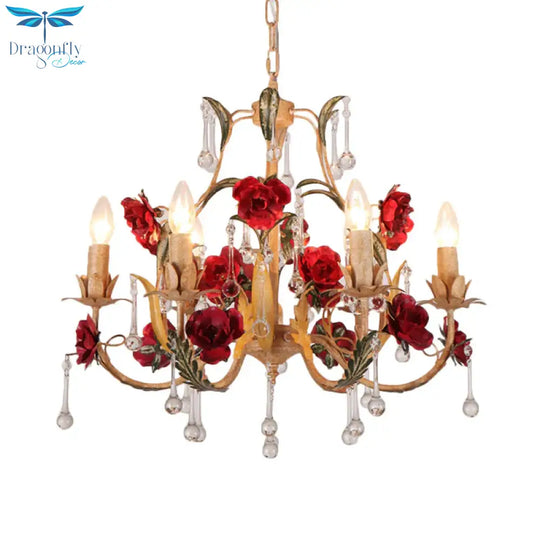 Coffee 3/6 Bulbs Suspension Lamp Pastoral Iron Rose - Embellished Candle Style Chandelier Over Table