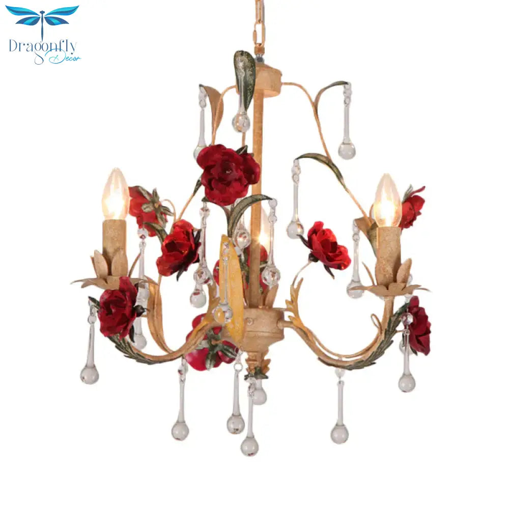 Coffee 3/6 Bulbs Suspension Lamp Pastoral Iron Rose - Embellished Candle Style Chandelier Over Table