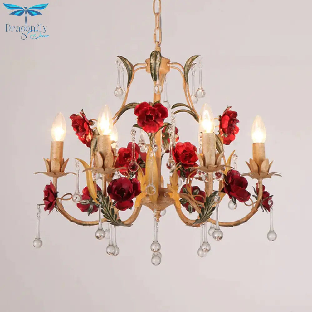 Coffee 3/6 Bulbs Suspension Lamp Pastoral Iron Rose - Embellished Candle Style Chandelier Over Table