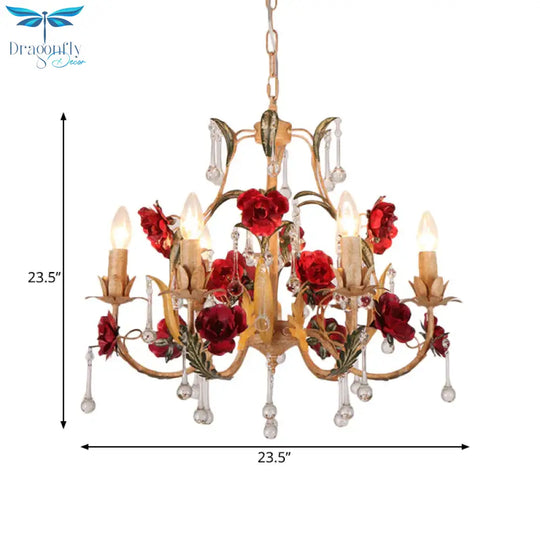 Coffee 3/6 Bulbs Suspension Lamp Pastoral Iron Rose - Embellished Candle Style Chandelier Over Table