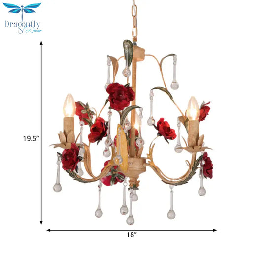 Coffee 3/6 Bulbs Suspension Lamp Pastoral Iron Rose - Embellished Candle Style Chandelier Over Table