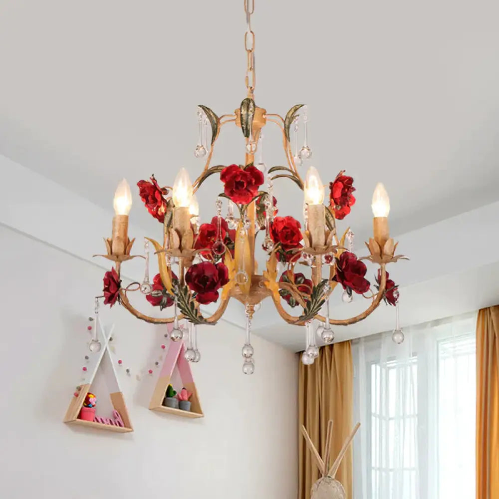 Coffee 3/6 Bulbs Suspension Lamp Pastoral Iron Rose - Embellished Candle Style Chandelier Over