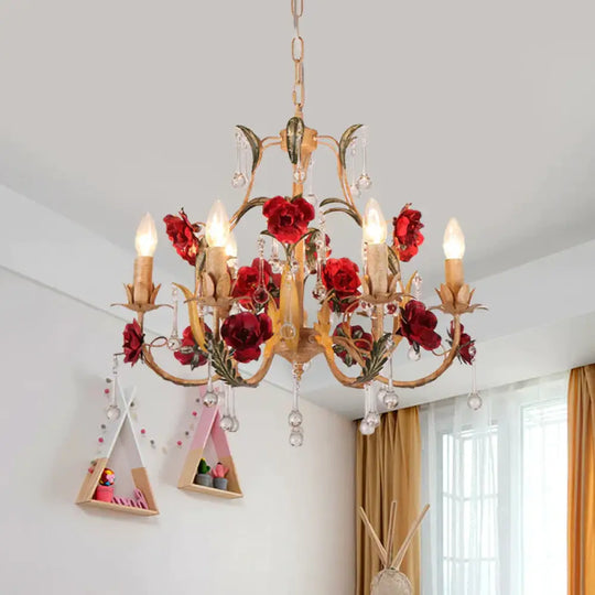 Coffee 3/6 Bulbs Suspension Lamp Pastoral Iron Rose - Embellished Candle Style Chandelier Over