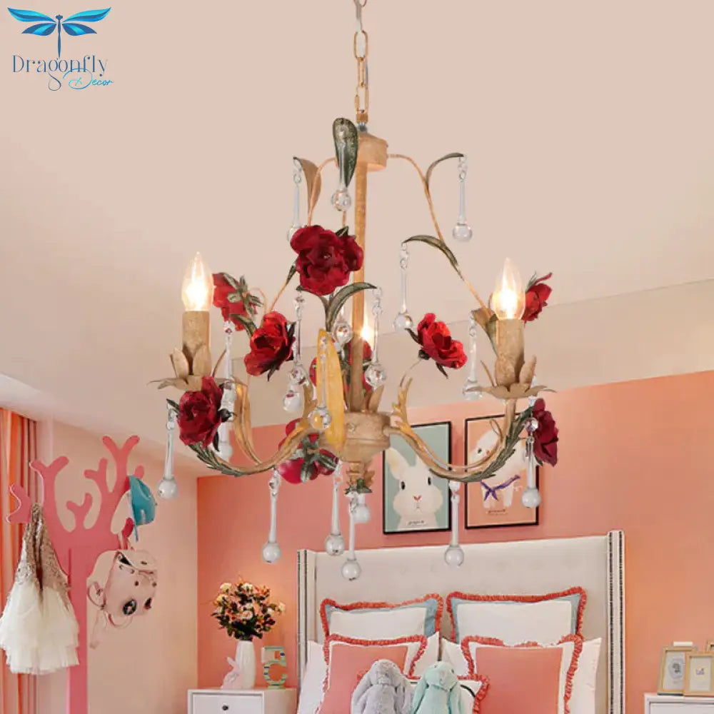 Coffee 3/6 Bulbs Suspension Lamp Pastoral Iron Rose - Embellished Candle Style Chandelier Over Table