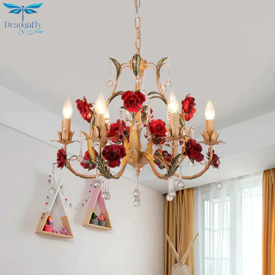 Coffee 3/6 Bulbs Suspension Lamp Pastoral Iron Rose - Embellished Candle Style Chandelier Over Table