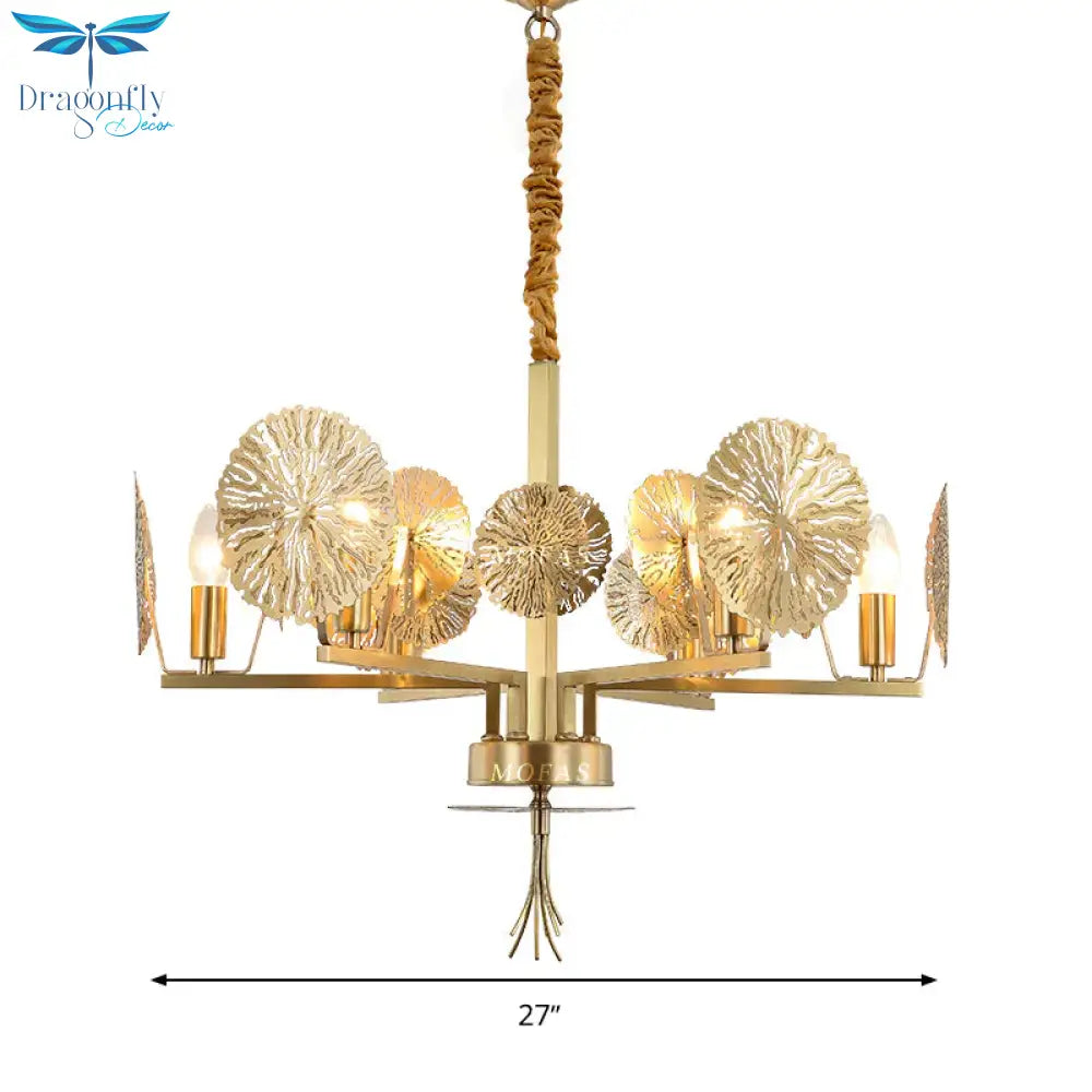 Colonial Lotus Pendant Ceiling Light 6/8 Heads Metal Chandelier Lighting Fixture In Gold For Living