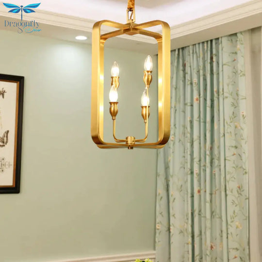 Colonial Round/Square Hanging Chandelier Metal 4 Bulbs Suspension Light In Gold For Dining Room