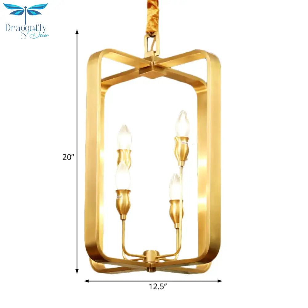 Colonial Round/Square Hanging Chandelier Metal 4 Bulbs Suspension Light In Gold For Dining Room