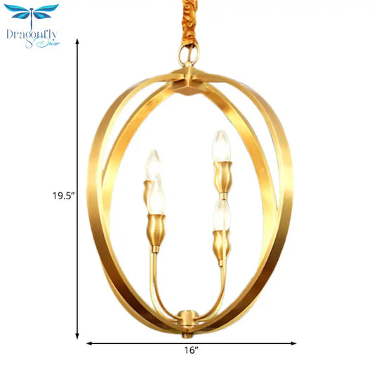Colonial Round/Square Hanging Chandelier Metal 4 Bulbs Suspension Light In Gold For Dining Room