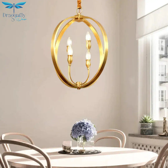 Colonial Round/Square Hanging Chandelier Metal 4 Bulbs Suspension Light In Gold For Dining Room