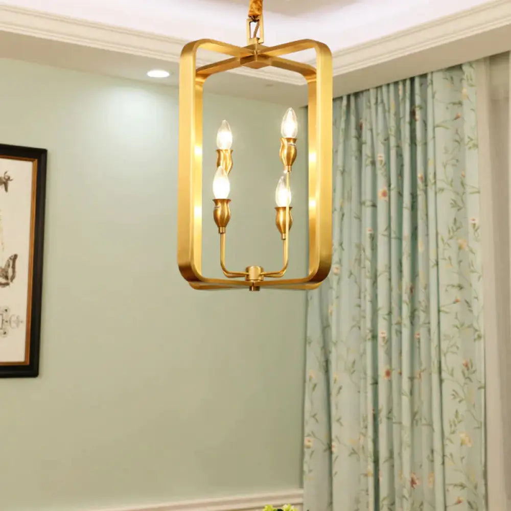 Colonial Round/Square Hanging Chandelier Metal 4 Bulbs Suspension Light In Gold For Dining Room /