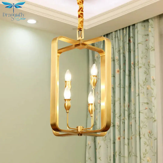 Colonial Round/Square Hanging Chandelier Metal 4 Bulbs Suspension Light In Gold For Dining Room