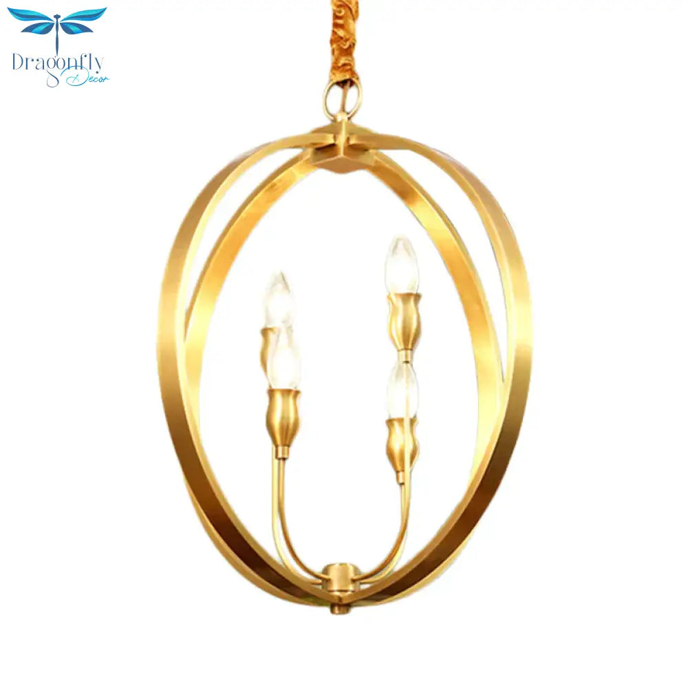 Colonial Round/Square Hanging Chandelier Metal 4 Bulbs Suspension Light In Gold For Dining Room