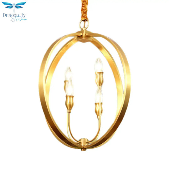 Colonial Round/Square Hanging Chandelier Metal 4 Bulbs Suspension Light In Gold For Dining Room