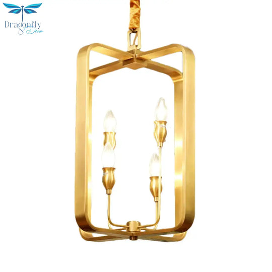 Colonial Round/Square Hanging Chandelier Metal 4 Bulbs Suspension Light In Gold For Dining Room