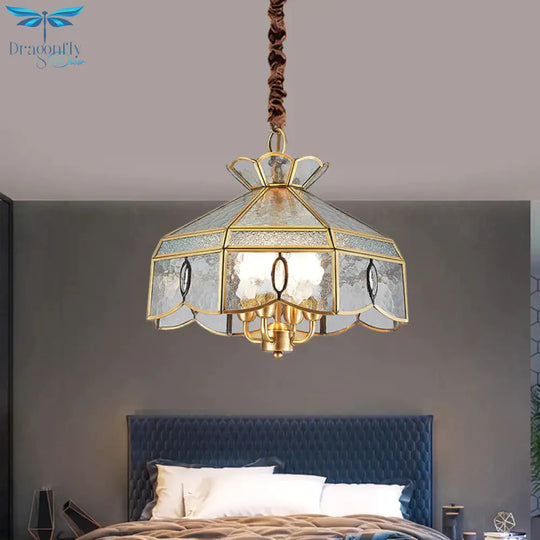 Colonial Style Geometric Pendant Chandelier 4 Lights Clear Water Glass Hanging Ceiling Lamp In Brass
