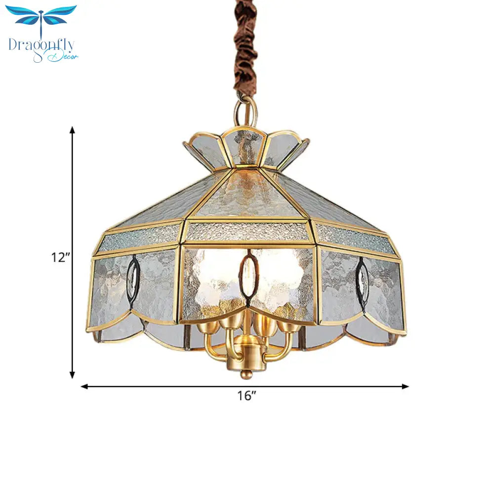 Colonial Style Geometric Pendant Chandelier 4 Lights Clear Water Glass Hanging Ceiling Lamp In Brass