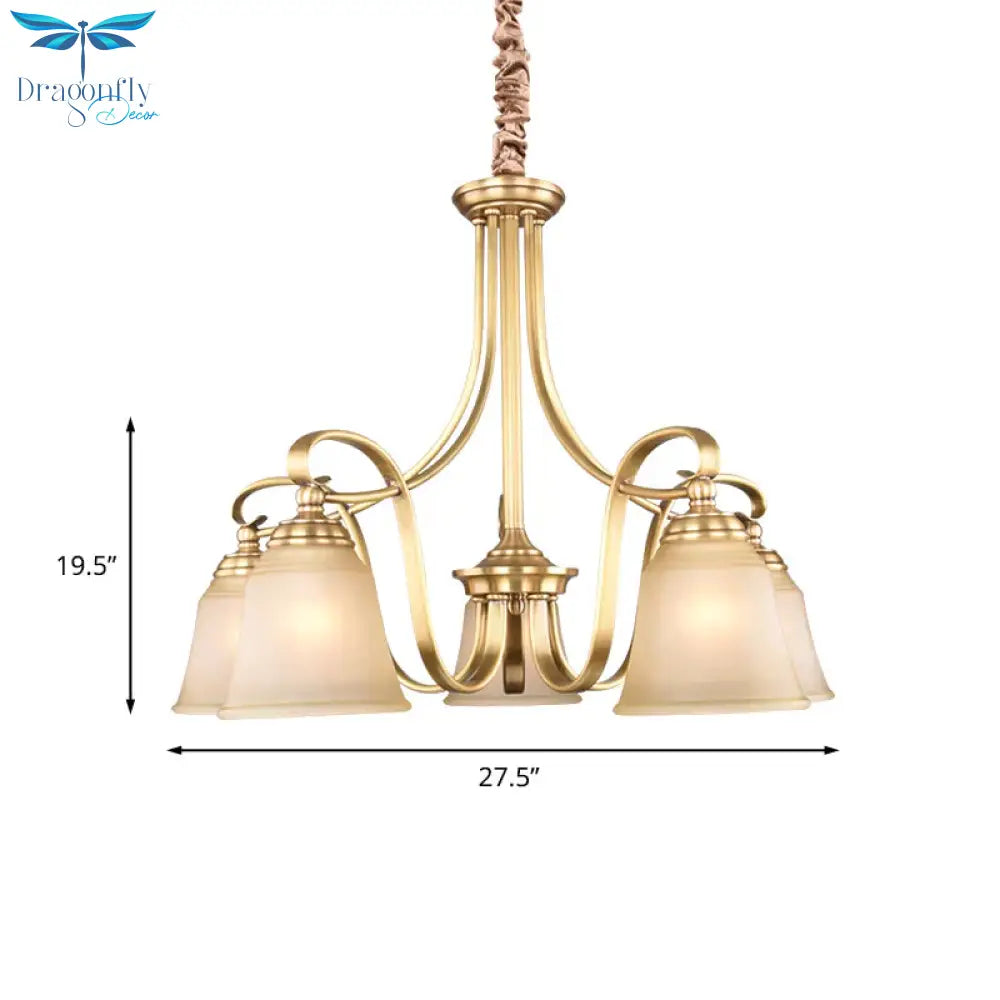 Colonialism Flared Chandelier Light Fixture 5/6 Bulbs Opal Glass Suspension Lamp In Gold With