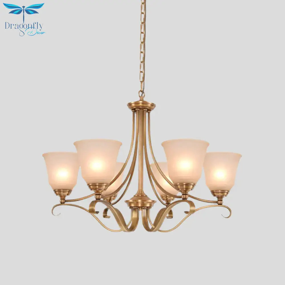 Colonialism Flared Chandelier Light Fixture 5/6 Bulbs Opal Glass Suspension Lamp In Gold With