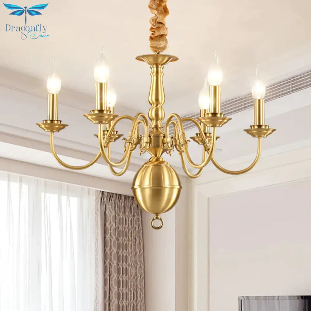 Colonialist Candle Hanging Pendant 6 Heads Metal Chandelier Lighting Fixture In Gold For Kitchen