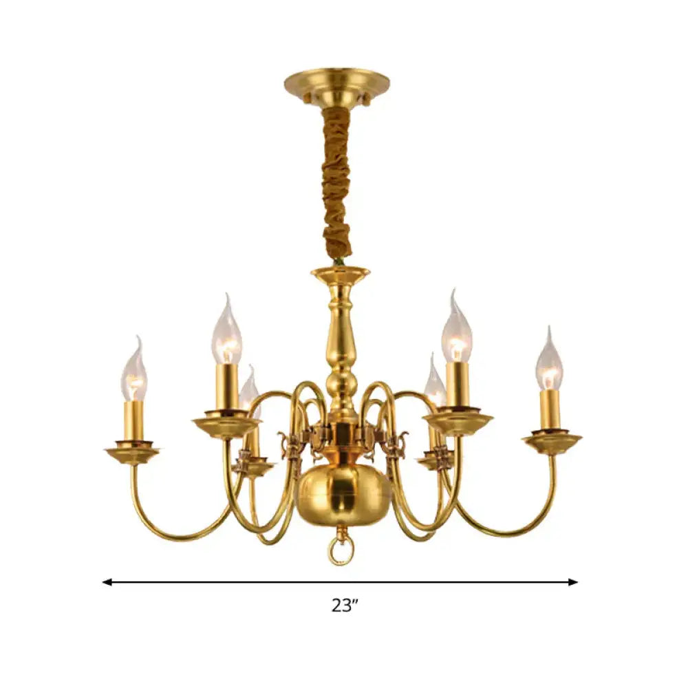 Colonialist Candle Hanging Pendant 6 Heads Metal Chandelier Lighting Fixture In Gold For Kitchen