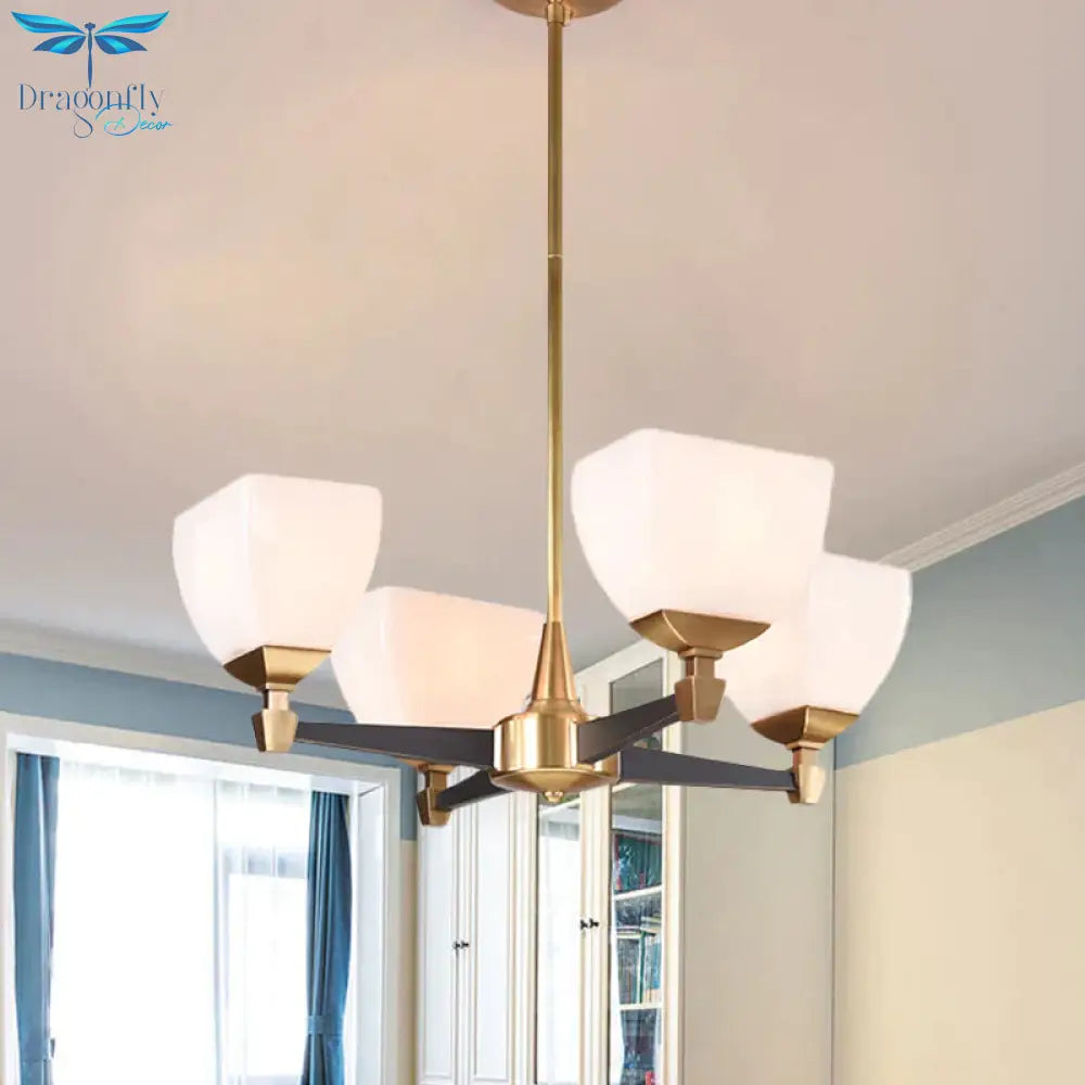 Colonialist Trapezoidal Chandelier Lighting Fixture 4/6 Heads Opal Glass Ceiling Pendant Light In