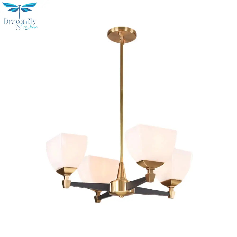 Colonialist Trapezoidal Chandelier Lighting Fixture 4/6 Heads Opal Glass Ceiling Pendant Light In