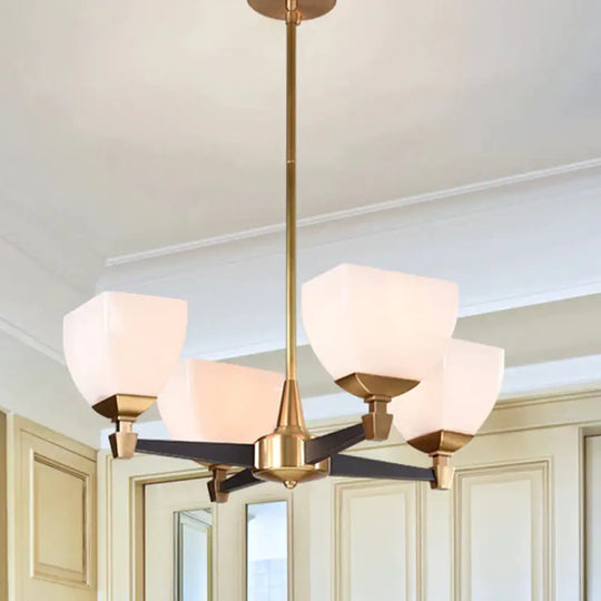 Colonialist Trapezoidal Chandelier Lighting Fixture 4/6 Heads Opal Glass Ceiling Pendant Light In