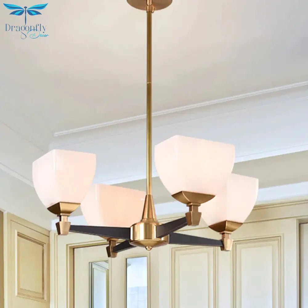 Colonialist Trapezoidal Chandelier Lighting Fixture 4/6 Heads Opal Glass Ceiling Pendant Light In