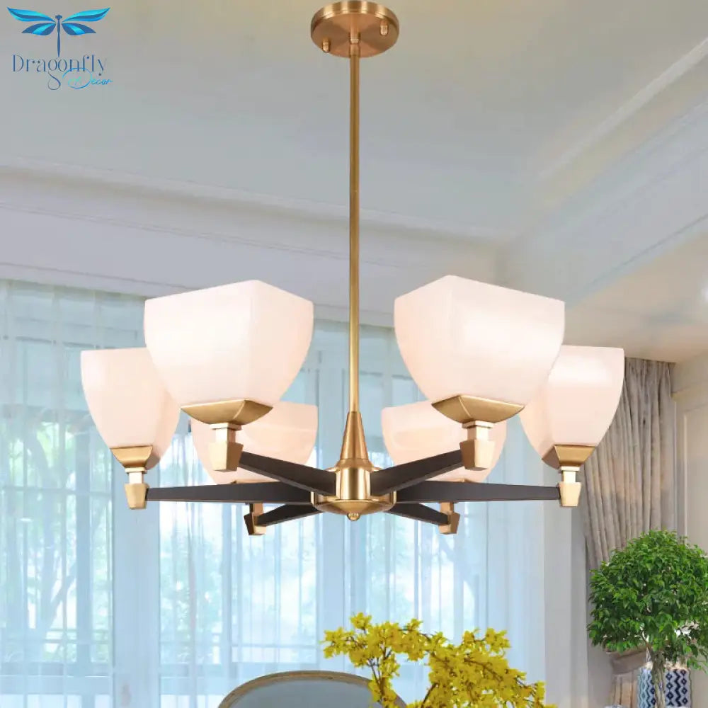 Colonialist Trapezoidal Chandelier Lighting Fixture 4/6 Heads Opal Glass Ceiling Pendant Light In