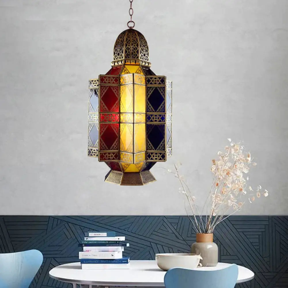 Colored Glass Brass Chandelier Lantern 3 Heads Arabian Hanging Pendant Light For Corridor