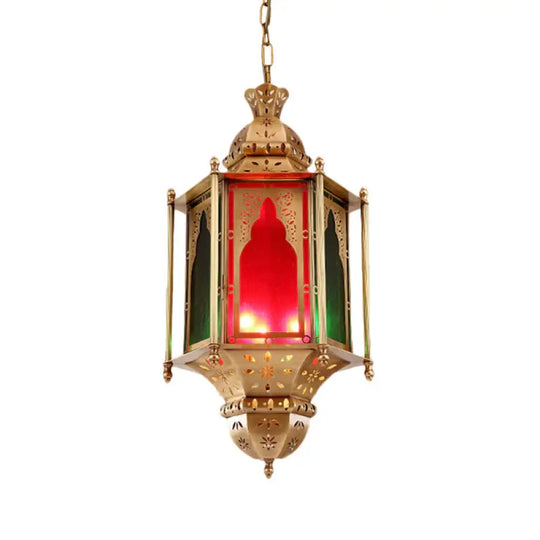 Colorful Glass Lantern Ceiling Light Arabian 3 Bulbs Restaurant Pendant Chandelier In Brass