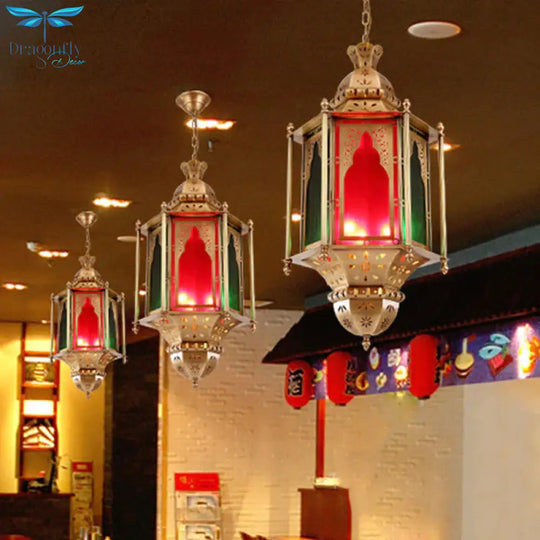 Colorful Glass Lantern Ceiling Light Arabian 3 Bulbs Restaurant Pendant Chandelier In Brass