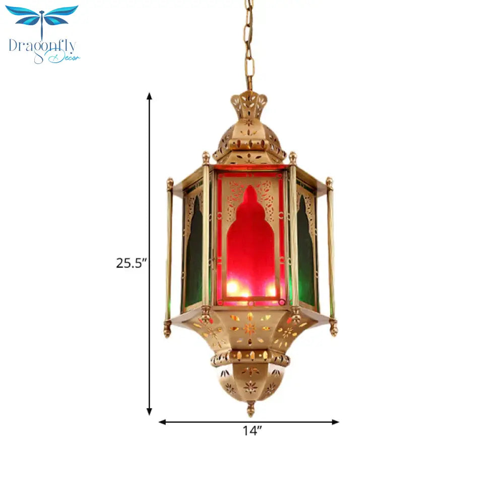 Colorful Glass Lantern Ceiling Light Arabian 3 Bulbs Restaurant Pendant Chandelier In Brass