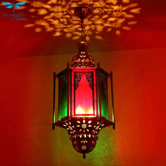 Colorful Glass Lantern Ceiling Light Arabian 3 Bulbs Restaurant Pendant Chandelier In Brass