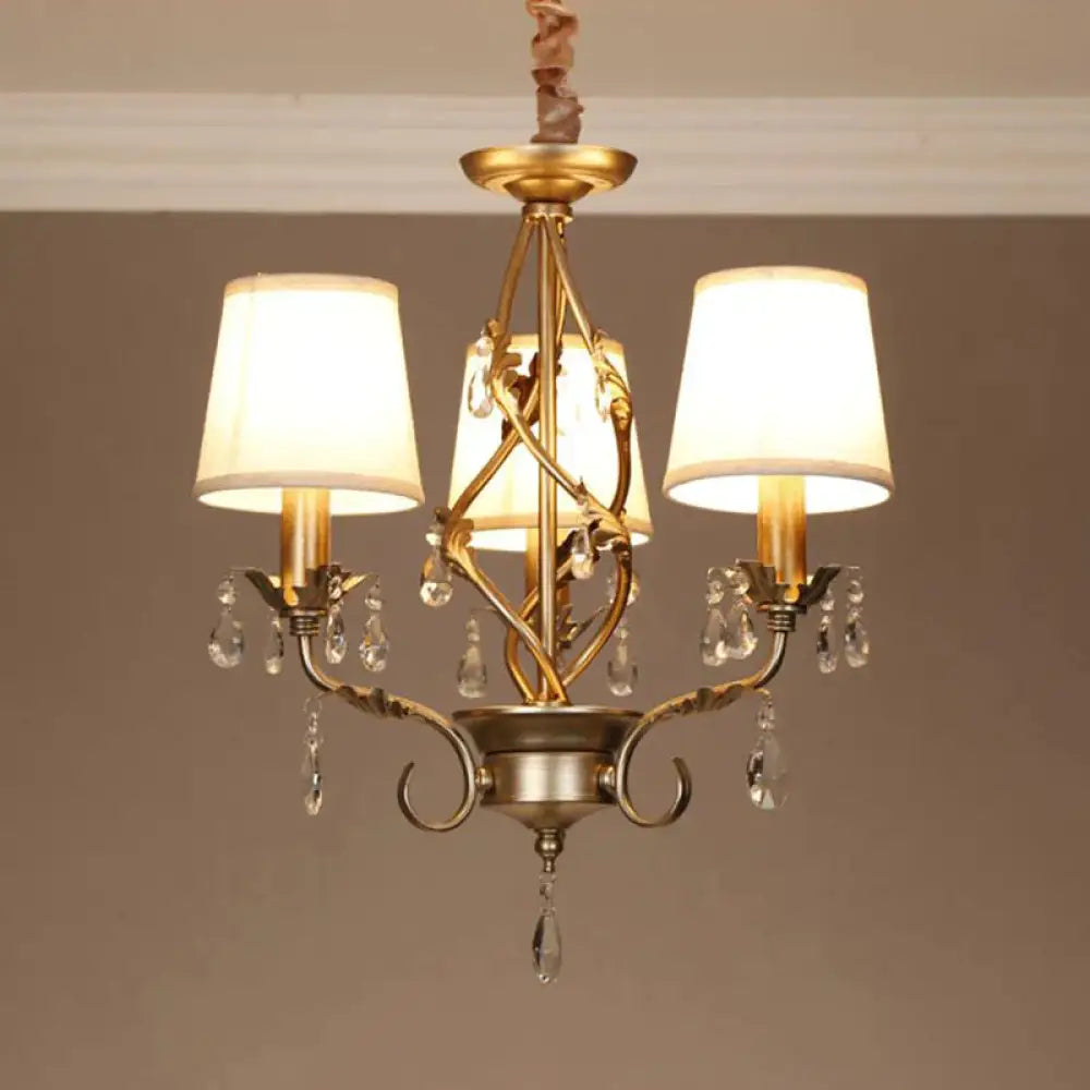 Cone Fabric Chandelier Light Classic 3 Lights Living Room Pendant Lighting In White With Crystal