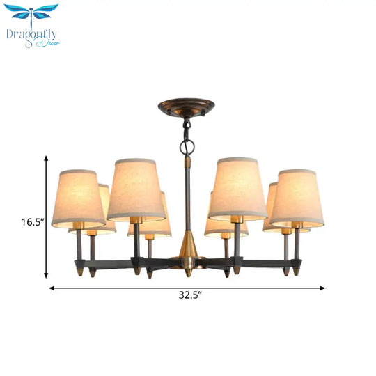 Cone Fabric Pendant Chandelier Country 3/6/8 Heads Hanging Ceiling Light In Black For Living Room