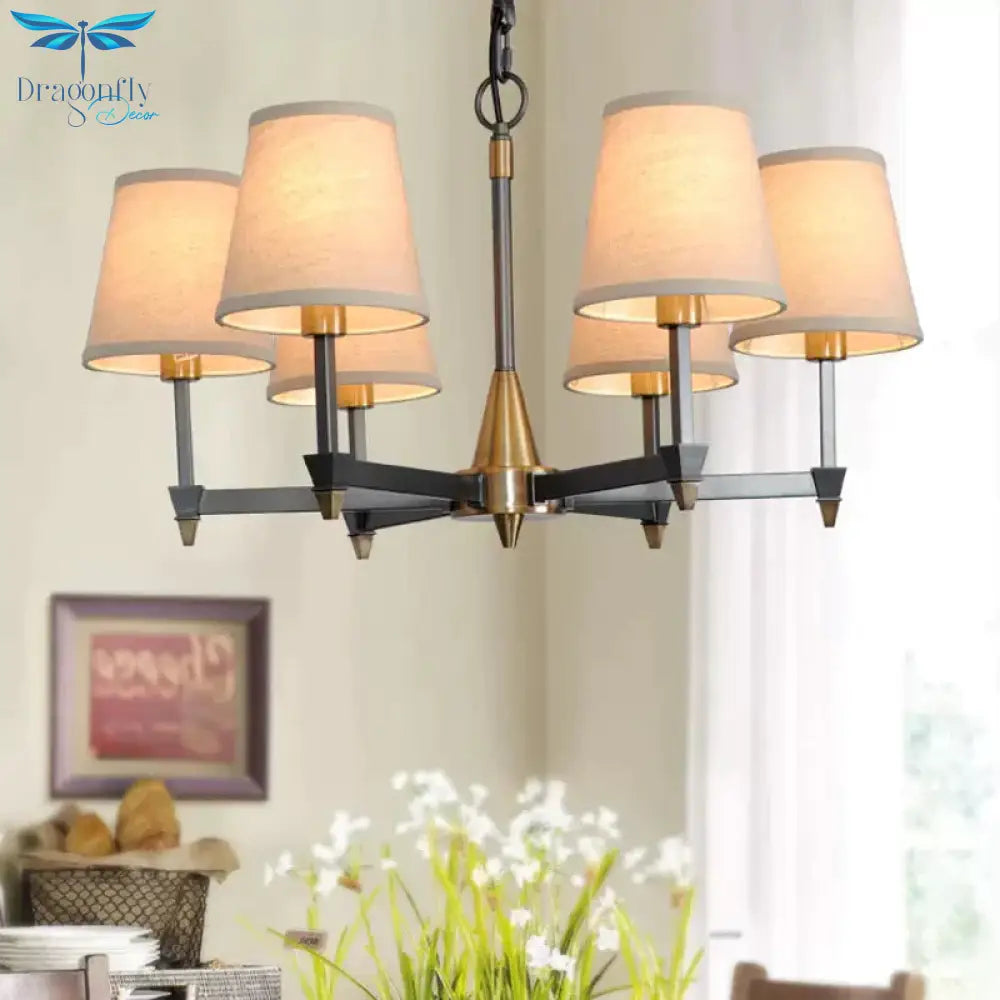 Cone Fabric Pendant Chandelier Country 3/6/8 Heads Hanging Ceiling Light In Black For Living Room