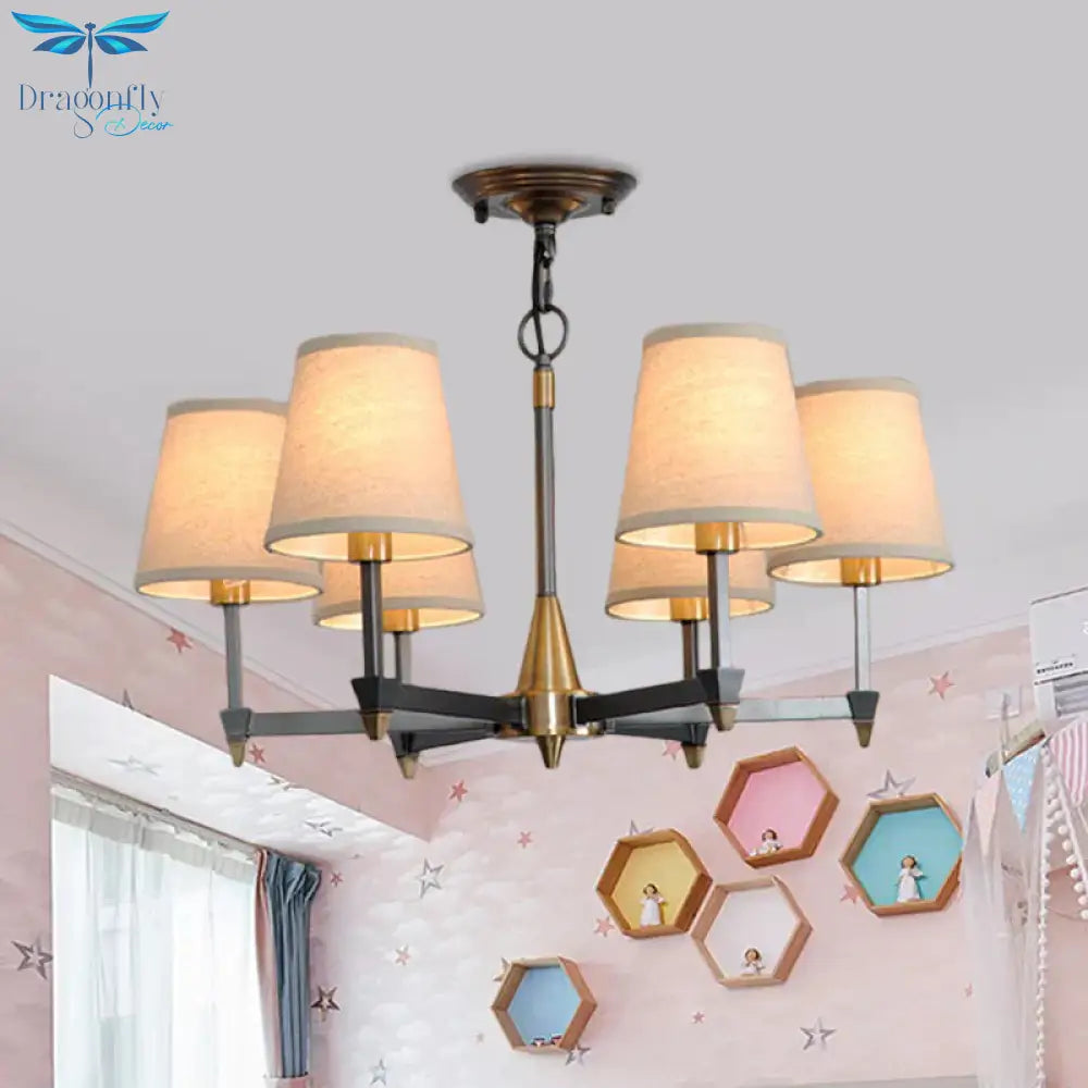 Cone Fabric Pendant Chandelier Country 3/6/8 Heads Hanging Ceiling Light In Black For Living Room
