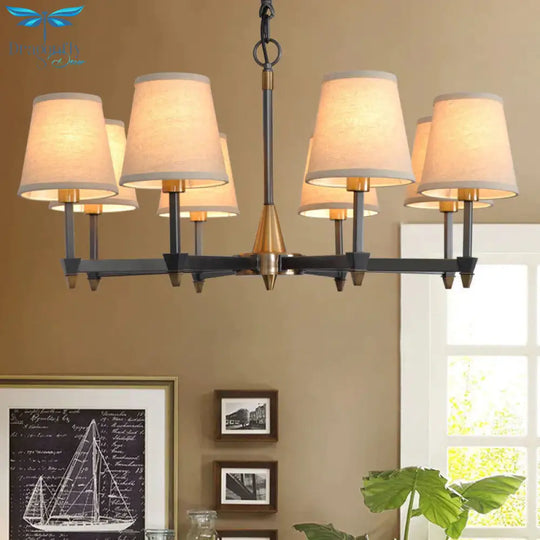 Cone Fabric Pendant Chandelier Country 3/6/8 Heads Hanging Ceiling Light In Black For Living Room
