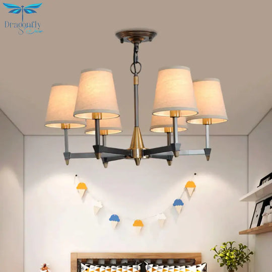 Cone Fabric Pendant Chandelier Country 3/6/8 Heads Hanging Ceiling Light In Black For Living Room